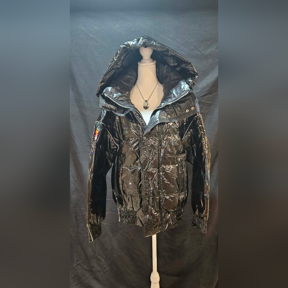 LIT Glossy Black Holographic High-Shine Hooded Puffer Jacket NWT